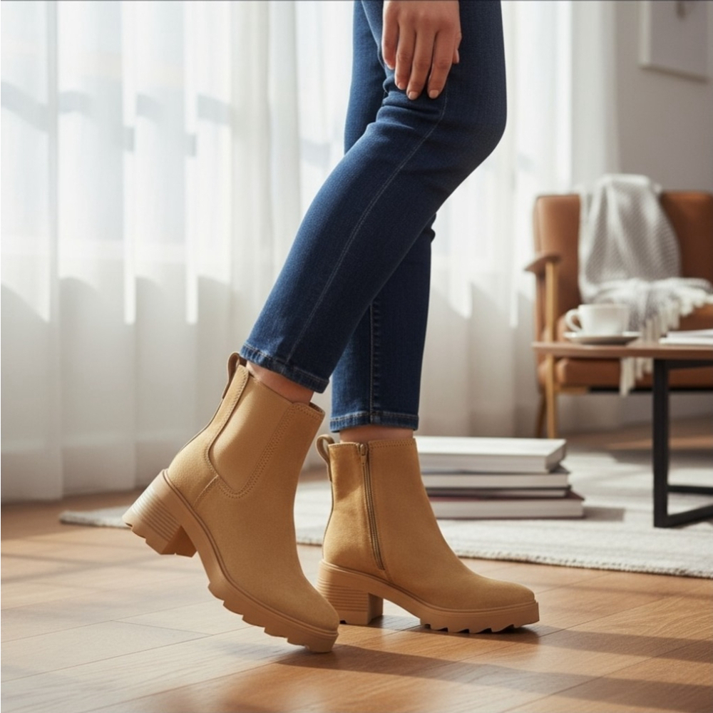 Zodiac Women's Chunky Block Chelsea Zip On Boots Booties 9.5 M Khaki Tan Brown